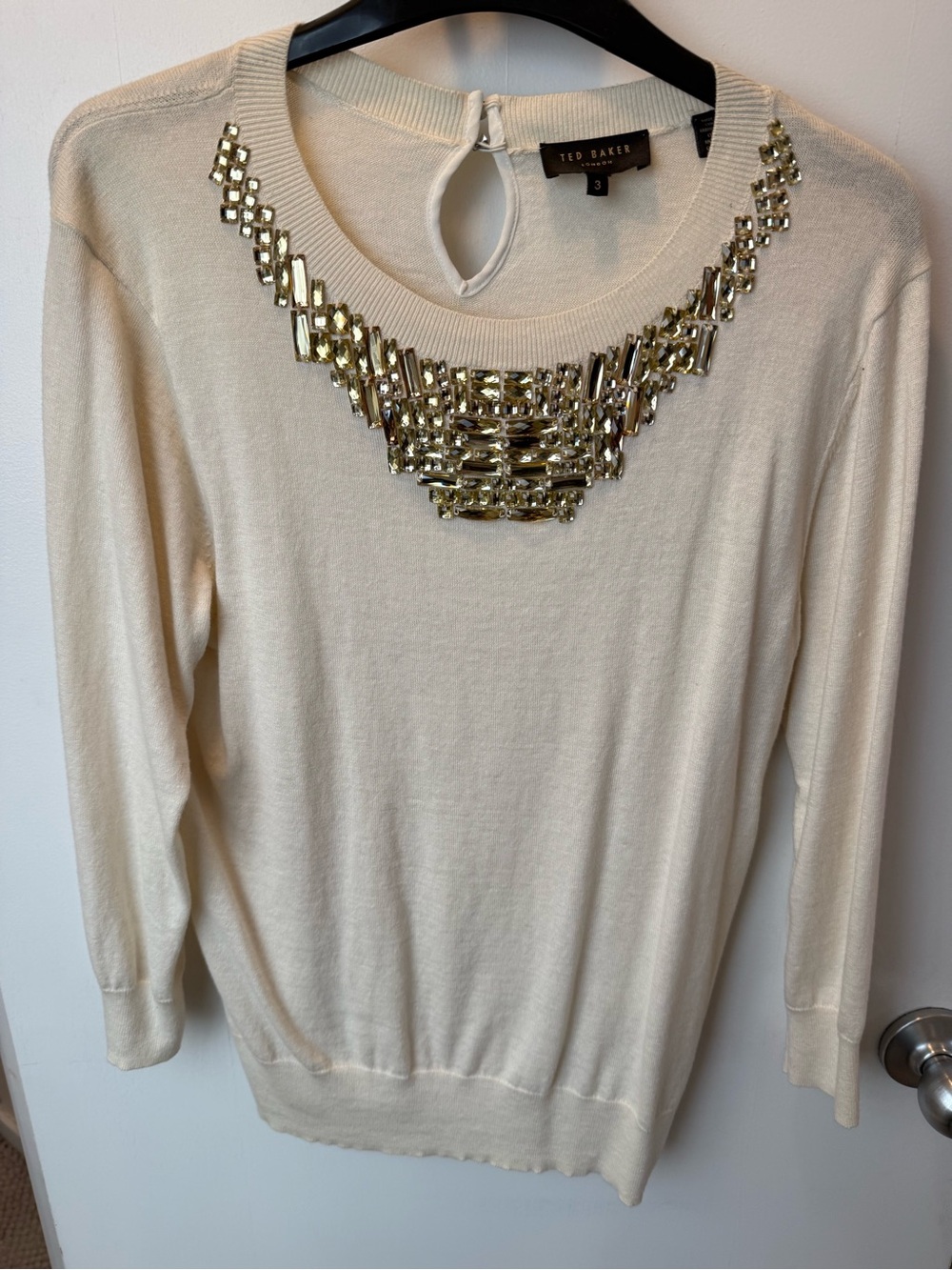 Ted Baker Cream Sweater with Gold-Tone Jeweled Neckline